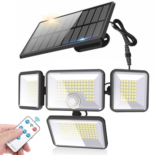 センサーライト ソーラーライト 屋外/屋内 分離型 4面発光 360°角度自由調整 4つモード 光束最大3000ルーメン 5Mケーブル IP65防水 自動点灯 大容量電池内蔵 壁掛け式 玄関/駐車場/庭/ガレージ 停電/防災/防犯対策 太陽光発電 リモコン付き (247)