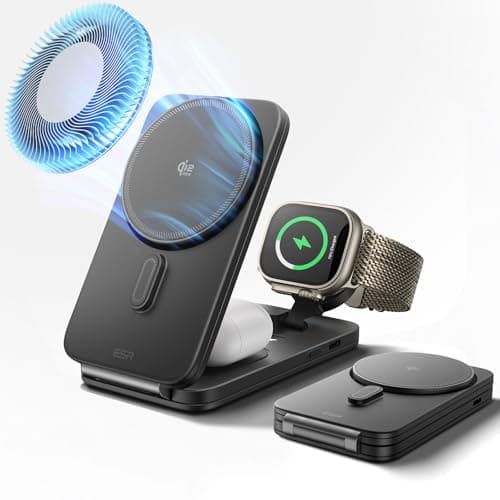 ESR 3-in-1充電器Qi2.2対応25W MagSafe充電器（CryoBoost搭載） 折りたたみ式スマホ冷却ワイヤレス充電器 iPhone 17/16（iOS 26対応・50Wアダプター付属） AirPods Apple Watch用 ブラック