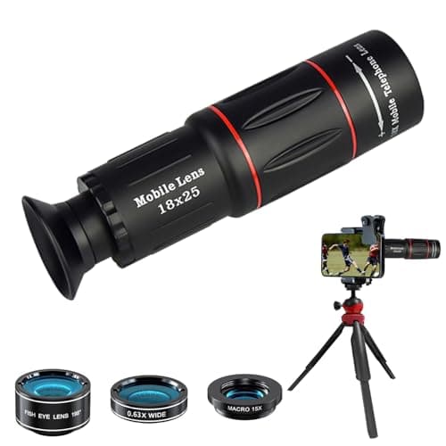 4in1 スマホ望遠レンズ セット 小型 単眼鏡 iphone携帯望遠レンズ【HD18倍望遠鏡 /0.63倍広角レンズ/15倍マクロレンズ/198°魚眼レンズ】超軽量 高級プリズムBak4 専用アイカップ iphone外付け スマホ用カメラレンズ スマホ対応 ボウエンレンズ【クリップ式交換レンズ/伸缩三脚/スマホホルダー付き】iPhone/Android対応 運動会/野鳥観察/ライブ (黒い)