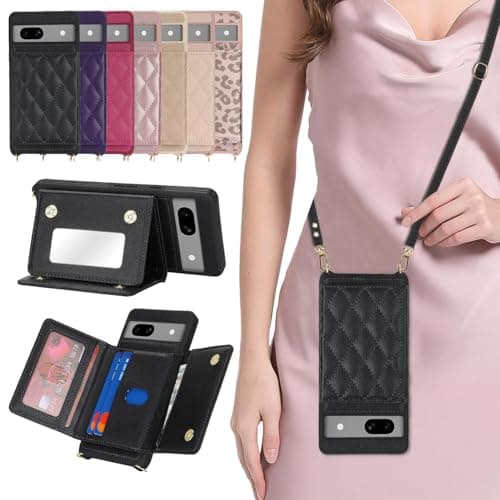 DEYHU 対応 Google Pixel 7a ケース ショルダー グーグルピクセル7a ケース カード収納 鏡 肩掛け 斜めかけ スマホショルダー ピクセル7a ストラップ付き 耐衝撃 調節可能な 携帯ケース - ブラック