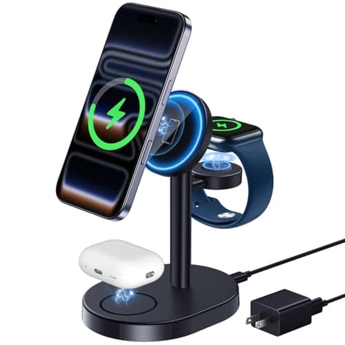 Hevanto 2026 MagSafe充電器 3in1 ワイヤレス充電器 Qi認証 15W急速充電 極小 まぐせいふ充電スタンド iPhone 17/16/15/14/13/12 Apple Watch AirPods対応 3台同時充電 マグセーフ強力磁気 超低温 超軽量 置くだけ充電 卓上すっきり 省スペース アダプター付属