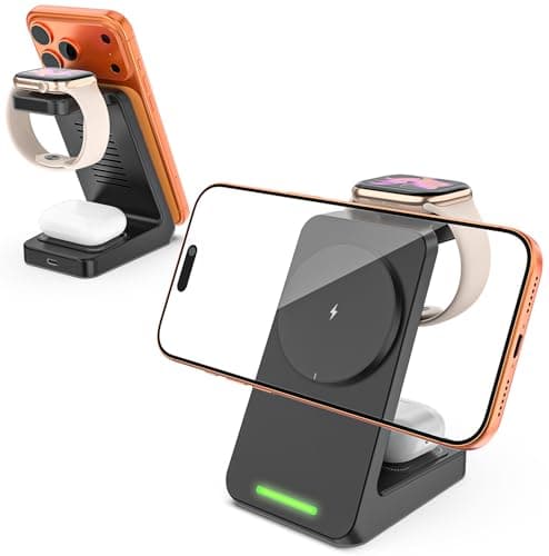 3in1 ワイヤレス充電器 Magsafe充電器 同時に3つのデバイス充電 Qi認証15W磁気ワイヤレス充電ドック マルチ充電スタンド マグセーフ充·電器 マグネット式 iPhone 17/16/15/14/Apple Watch/Airpodsに対応