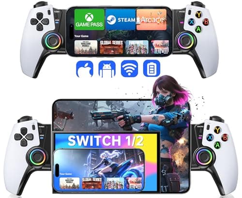 Elekasumi スマホコントローラー【Switch1/2/OLED/iPhone/iPad Mini/Android/PC全機種対応】Bluetoothゲームコントローラー 4段階振動+ターボ連射機能 ホール効果スティック 6軸ジャイロセンサー RGBライト 20cm伸縮